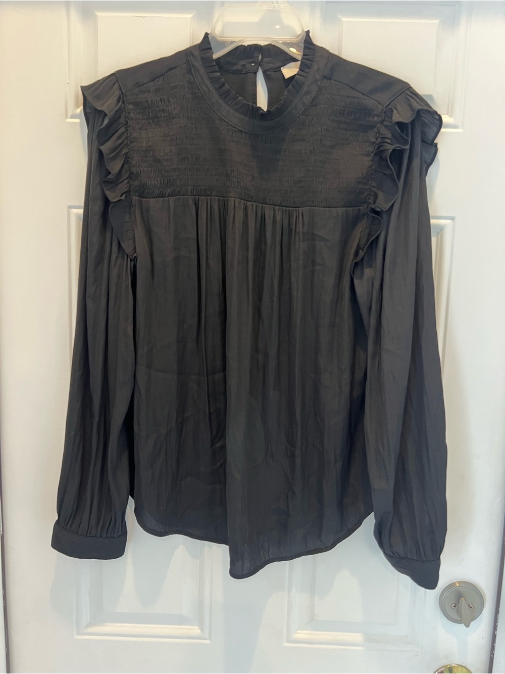 Ann Taylor LOFT Black Long Sleeve Ruffle Mock Neck Blouse Top Size L #748